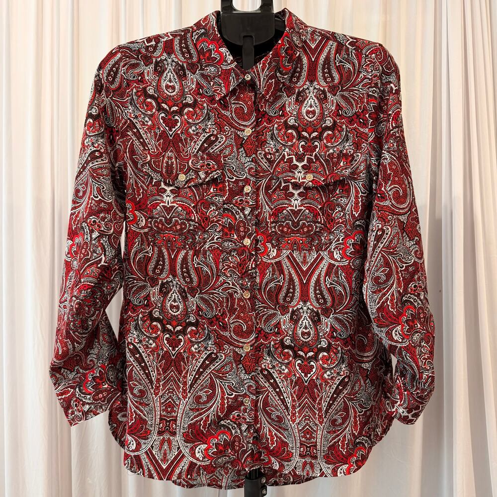 Tommy Hilfiger Women's Medium Paisley Button Down Blouse Red Black Long Sleeve